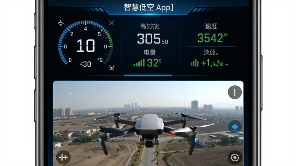 一张展示智慧低空App实时飞行监控界面的手机截图,屏幕上半部分显示无人机飞行状态仪表盘,包括高度、速度、电量、信号强度等数据,下半部分显示无人机视角的实时图传画面,界面风格科技感强,蓝黑色调,数据清晰易读,画质干净,无多余元素
