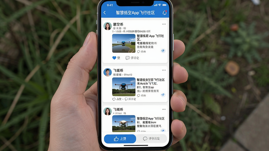 一张展示智慧低空App飞行社区界面的手机截图,屏幕显示一个信息流列表,每条帖子包含用户头像、昵称、飞行照片缩略图和文字描述,底部有点赞和评论按钮,界面风格清爽友好,蓝白配色,布局整齐,画质干净,无多余元素