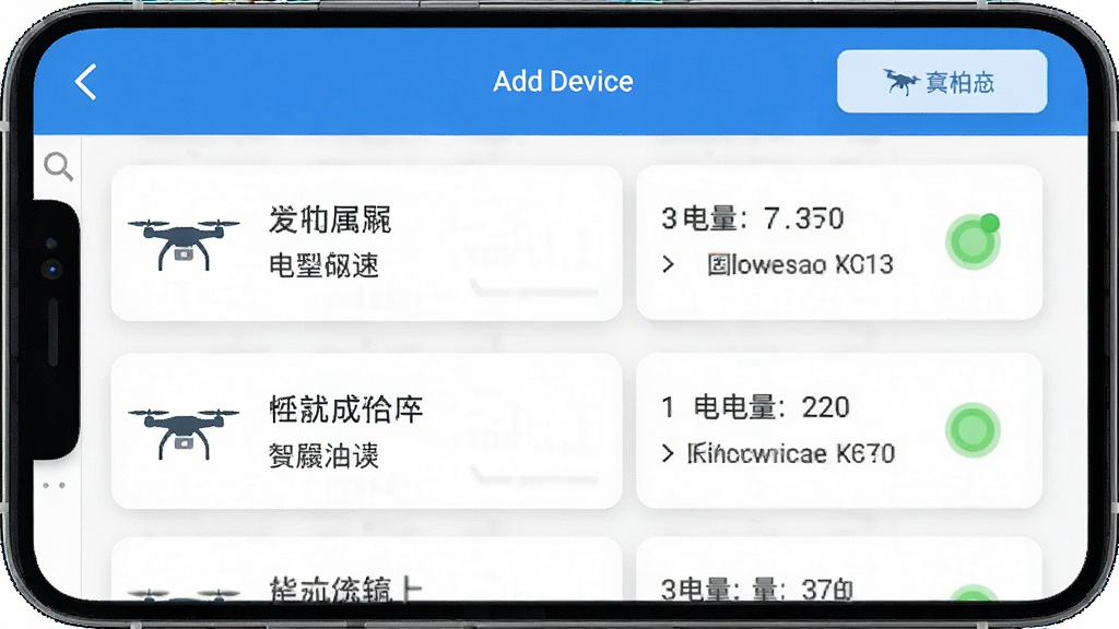 一张展示智慧低空App设备管理界面的手机截图,屏幕显示一个设备列表,每个设备卡片上有无人机图标、设备名称、电量、固件版本和状态指示灯,顶部有添加设备按钮,界面风格简洁现代,蓝白配色,布局清晰,画质干净,无多余元素