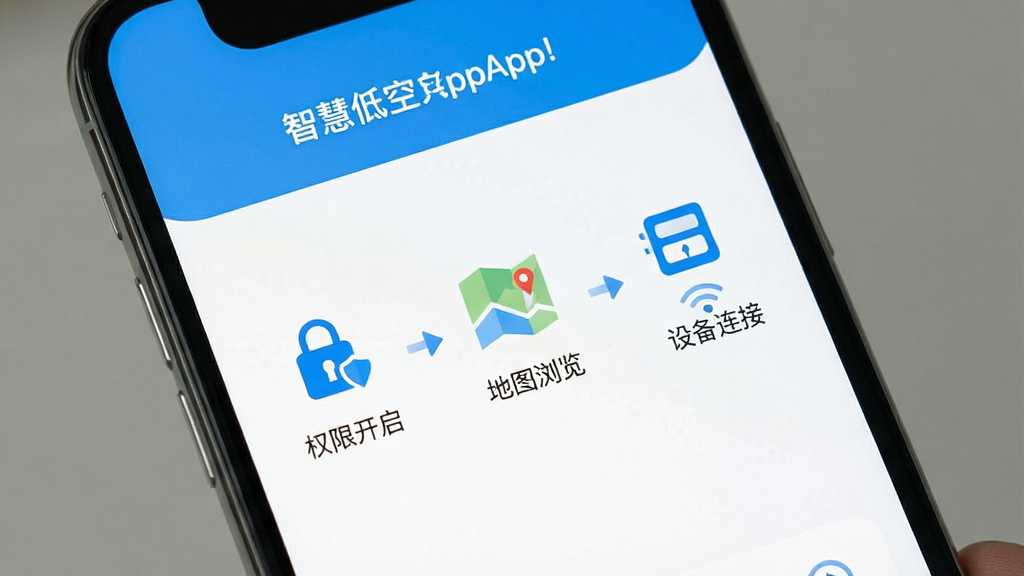一张展示智慧低空App新手引导界面的手机截图,屏幕显示分步操作提示,包括权限开启、地图浏览、设备连接等步骤,每一步有图标和简短文字说明,界面风格友好清晰,蓝白配色,布局简洁,画质干净,无多余元素