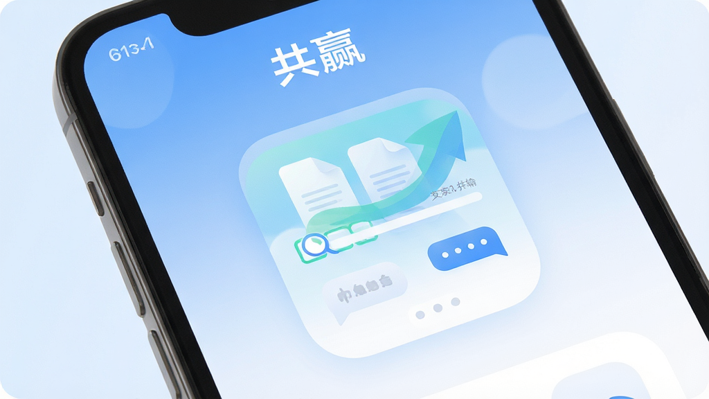 手机屏幕特写,画面中央是“共赢”APP的启动图标和主界面,背景是柔和的蓝白渐变,界面干净整洁,顶部显示“共赢”字样,中间有文件传输进度条和消息气泡元素,风格现代扁平,细节圆润,画质清晰干净无多余元素