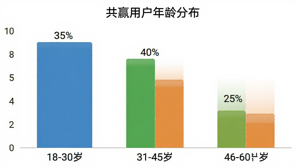 一张横向柱状图,标题为“共赢用户年龄分布”,图表显示18-30岁占比35%,31-45岁占比40%,46-60岁占比25%,柱子颜色分别为蓝色、绿色、橙色,背景简洁,数据标签清晰,画质干净无多余元素