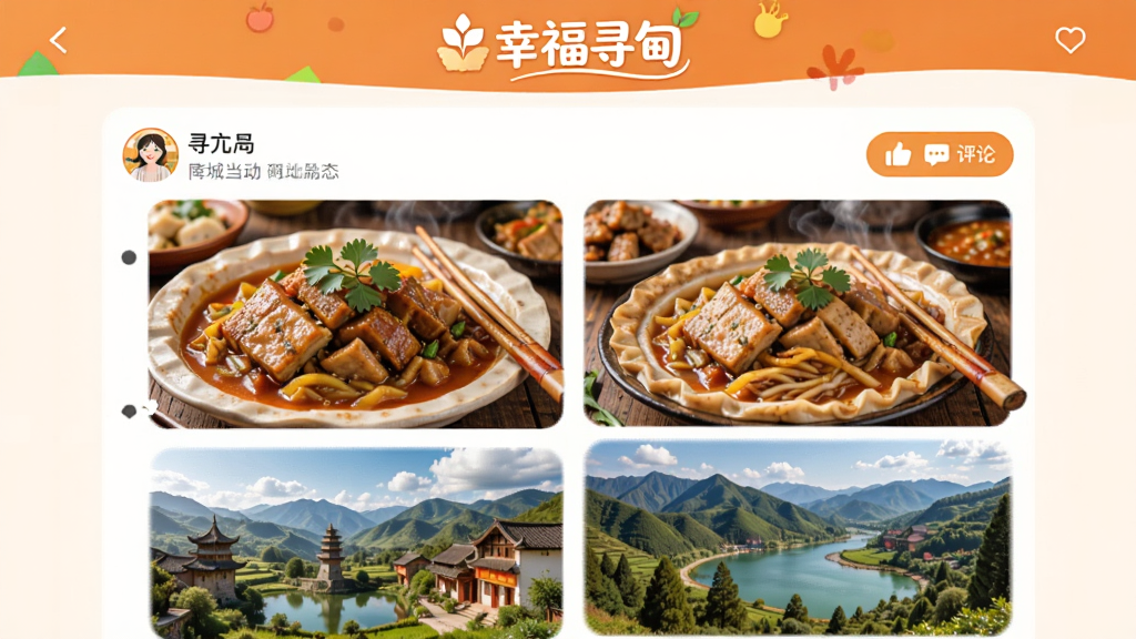 һ��չʾͬ�ǻ������������ͼƬ��ҳ������ʾ�û������ı������̬����ͼ��Ѱ�鵱����ʳ�ͷ羰�����޺����۰�ť�����ɼ������涥���С��Ҹ�Ѱ�顱��ʶ����������ܰ���ã�ɫ������