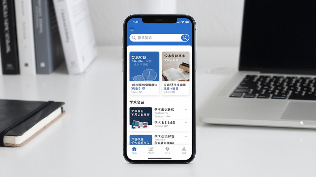艾思科蓝 应用主界面展示图,画面中央是手机屏幕,屏幕内显示蓝白色调的学术资讯首页,顶部有搜索栏,中间是文献推荐卡片和学术会议列表,底部有导航栏,背景是整洁的书桌和笔记本电脑,风格现代简约,画质干净清晰,无多余元素