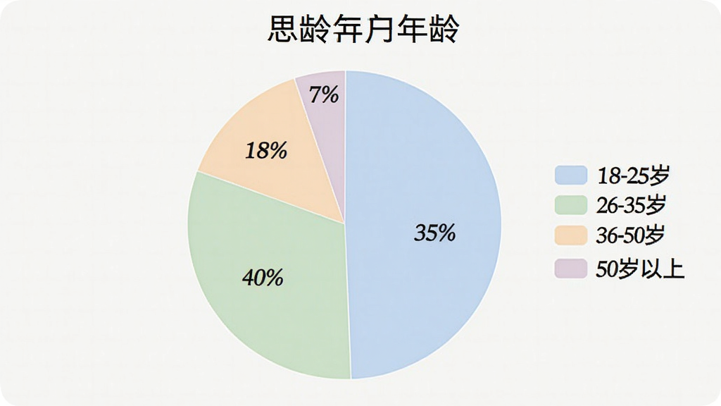 艾思科蓝 用户年龄分布饼状图,画面展示一个清晰的饼状图,图例标注18-25岁、26-35岁、36-50岁、50岁以上四个年龄段,占比分别为35%、40%、18%、7%,图表颜色柔和,背景干净,画质清晰,无多余元素