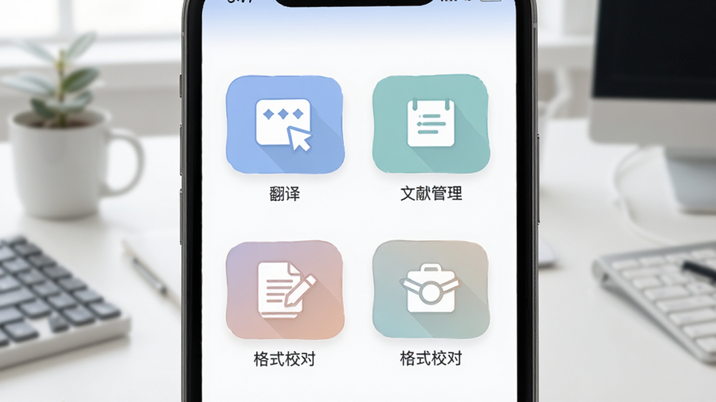 艾思科蓝 学术工具面板图,画面展示手机屏幕上的工具集合页面,包含翻译、文献管理、格式校对等图标,图标设计扁平化,色彩柔和,背景是简约的办公桌面,风格现代,画质清晰,无多余元素