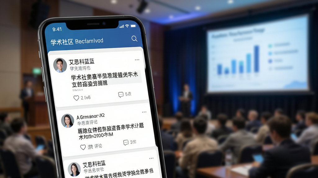 艾思科蓝 学术社区互动界面图,画面展示手机屏幕上的社区帖子列表,帖子包含用户头像、昵称、学术问题标题和点赞评论数,界面风格清爽,背景是虚化的学术研讨会场景,画质干净,无多余元素