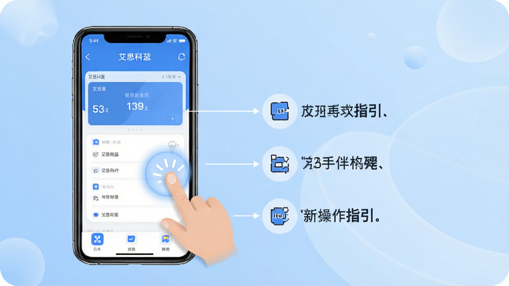艾思科蓝 新手操作指引图,画面展示手机屏幕上的App界面,界面中有手指点击的动画示意,旁边有简洁的步骤标注,背景是柔和的蓝色渐变,风格清新,画质干净,无多余元素