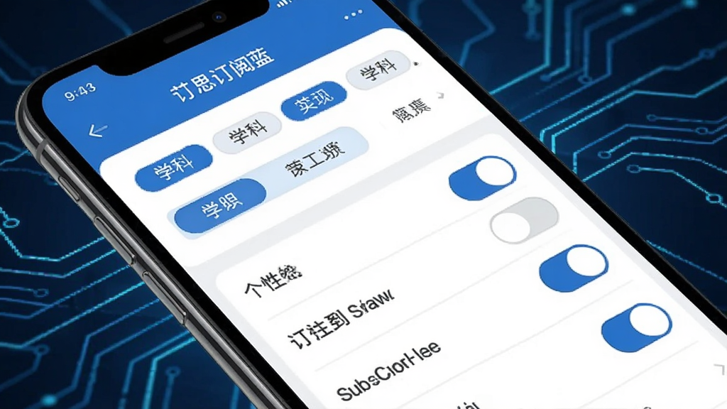 艾思科蓝 个性化订阅设置界面图,画面展示手机屏幕上的订阅管理页面,包含多个学科分类标签和开关按钮,界面设计简洁,以蓝白配色为主,背景是简约的科技感线条,画质清晰,无多余元素
