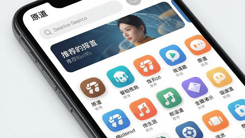 一张展示“原道”应用主界面的详细图片,主体是手机屏幕上的应用商店界面,布局顶部为搜索栏和推荐横幅,中间为应用图标网格排列,排版清晰有序,风格现代扁平化设计,细节包含圆角图标和柔和阴影,画质高清干净无多余元素
