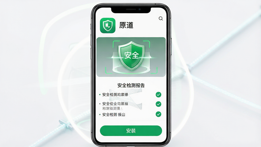 一张展示“原道”安全检测功能的详细图片,主体是手机屏幕显示绿色盾牌图标和“安全”字样,布局为应用详情页,排版上方为应用图标和名称,中间为安全检测报告,下方为安装按钮,风格简洁可信赖,细节包含扫描动画和勾选标记,画质高清干净无多余元素