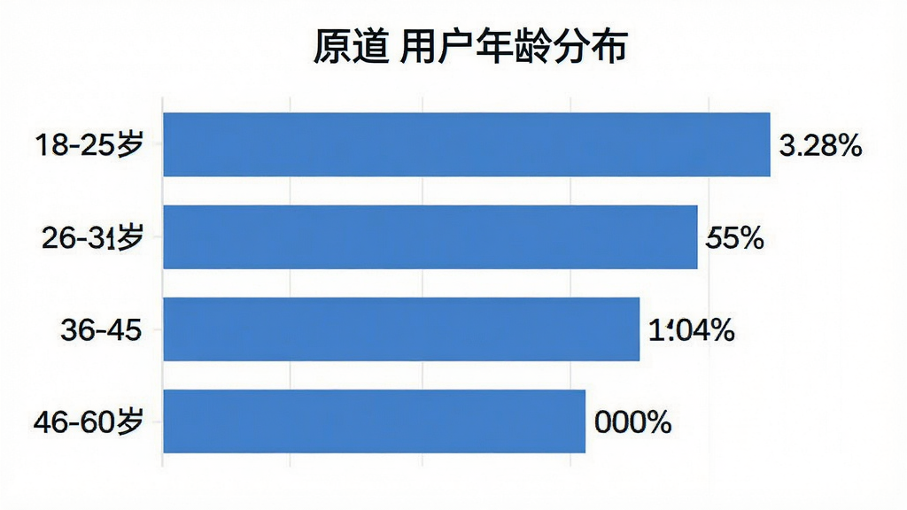 一张展示“原道”用户年龄分布的柱状图,主体是不同年龄段用户人数占比数据,布局为横向柱状图,排版左侧为年龄段标签,右侧为百分比数值,风格简约数据可视化,细节包含18-25岁、26-35岁、36-45岁、46-60岁四个区间,画质清晰干净无多余元素