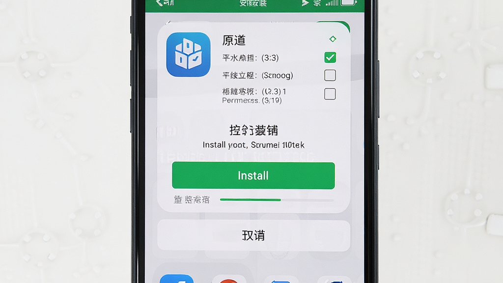 一张展示“原道”在手机上安装应用过程的详细图片,主体是手机屏幕弹出安装确认对话框,布局为应用安装界面,排版上方为应用图标和权限列表,中间为安装按钮,下方为取消选项,风格简洁明了,细节包含权限勾选框和进度提示,画质清晰干净无多余元素