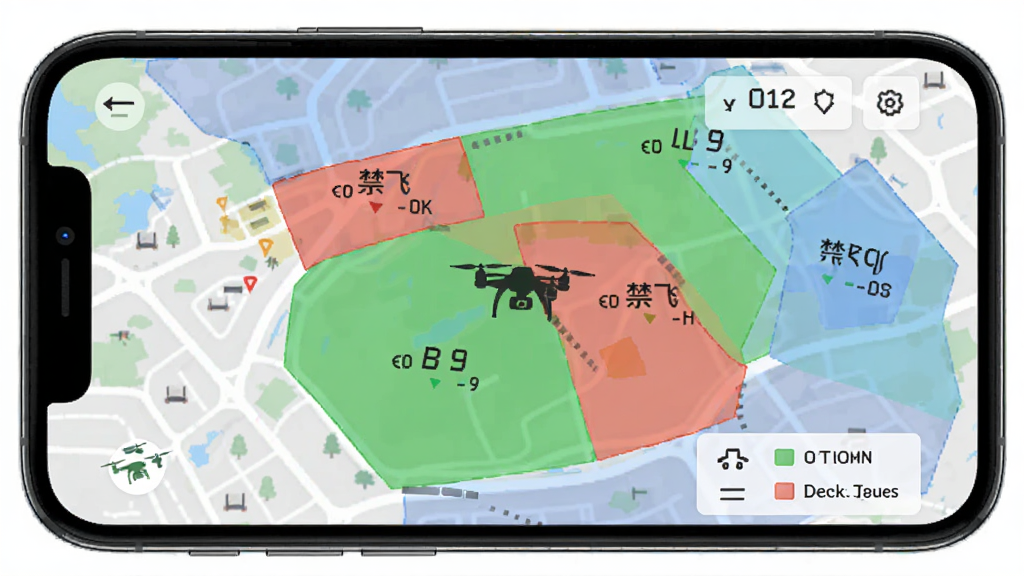 低空之家App空域查询功能界面,手机屏幕显示彩色空域地图,绿色区域标注为可飞区,红色区域标注为禁飞区,地图上有无人机图标和高度限制数字标注,界面有图例说明,风格直观清晰,画质干净无多余元素