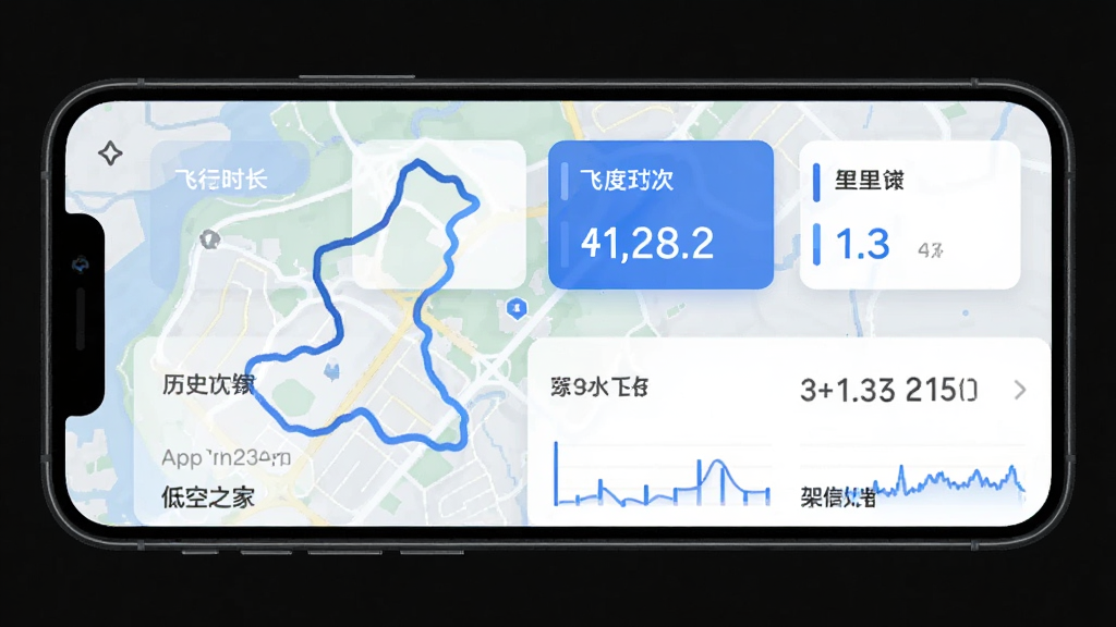 低空之家App飞行记录页面,手机屏幕显示飞行轨迹地图和统计数据,包含飞行时长、里程、架次等数字卡片,下方有历史记录列表,界面以蓝色数据可视化图表呈现,风格专业清晰,画质干净无多余元素