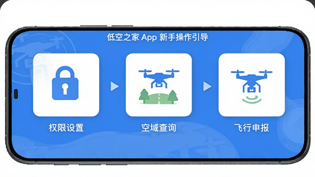 低空之家App新手操作引导页面,手机屏幕显示分步教程图示,包含权限设置、空域查询、飞行申报三个步骤的图标和文字说明,界面以蓝色为主色调,风格友好清晰,画质干净无多余元素