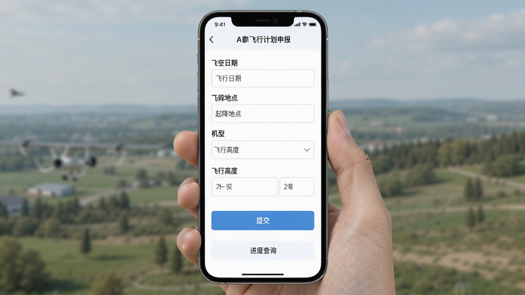 低空之家App飞行计划申报页面,手机屏幕显示申报表单,包含飞行日期、起降地点、机型选择、飞行高度等填写项,下方有提交按钮和进度查询入口,界面布局清晰,风格简洁现代,画质干净无多余元素