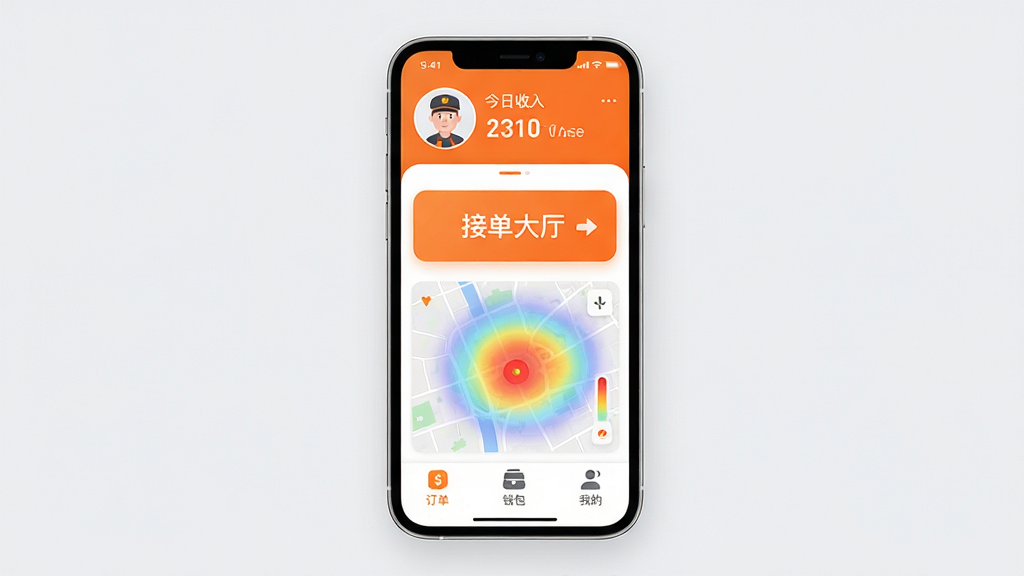 �Թ���˾��APP������ȫòչʾ���ֻ���Ļ���аڷţ����涥����ʾ˾��ͷ��ͽ����������֣��м�����Ŀ�Ľӵ�������ں͵�ͼ�������򣬵ײ�Ϊ������Ǯ�����ҵ�������������������ɫ�ԳȰ�Ϊ����������ִ���ͼ��Բ������������Ϊ�ɾ�ǳ��ɫ�����ʸ��壬�޶������ֺ�װ��Ԫ��