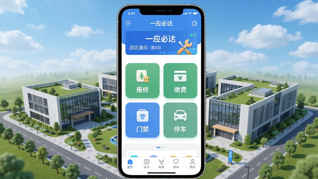 一应必达App主界面全景展示,画面中央是一部智能手机,屏幕显示一应必达应用首页,顶部是园区通知横幅,中间有报修、缴费、门禁、停车四个大图标卡片,底部导航栏清晰,背景是现代化智慧园区鸟瞰图,蓝天白云,风格现代扁平,细节圆润,画质干净,无多余元素,图中文字包含“一应必达”