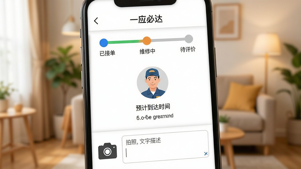 一应必达报修功能界面特写,手机屏幕显示报修工单详情页,顶部有维修进度条显示已接单、维修中、待评价三个节点,中间是维修师傅头像和预计到达时间,底部有拍照上传和文字描述输入框,背景是温馨的家居环境虚化,风格简洁明快,画质干净,图中文字包含“一应必达”