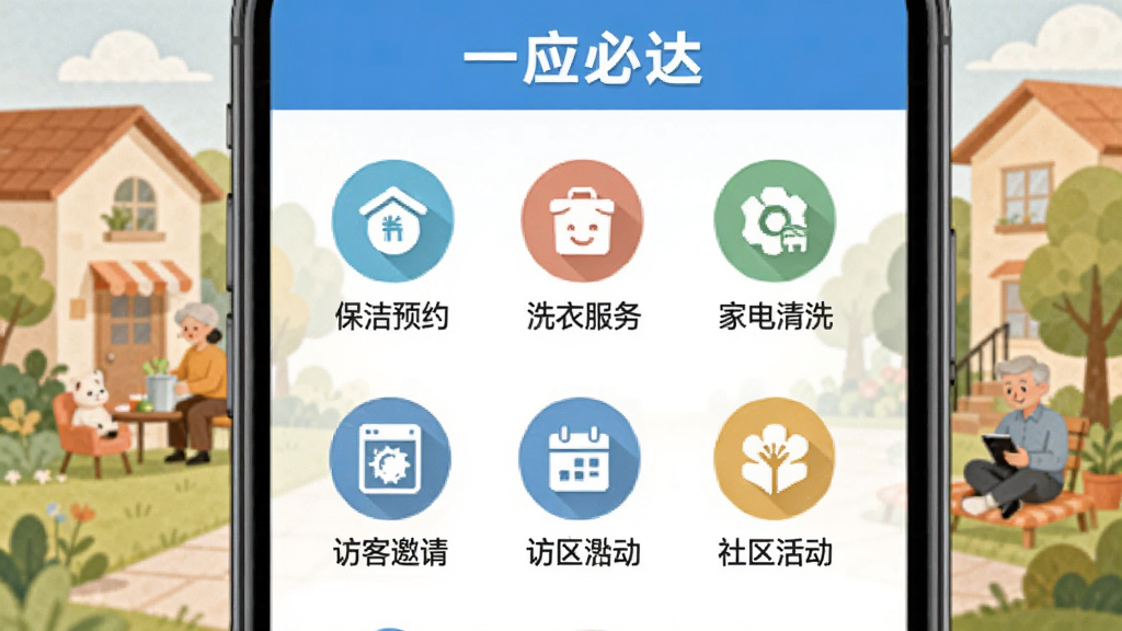 一应必达社区生活服务页面展示,手机屏幕显示服务列表,包含保洁预约、洗衣服务、家电清洗、访客邀请、社区活动等图标,每个图标下方有简短文字说明,背景是温暖的社区生活场景插画,风格亲切友好,画质干净,图中文字包含“一应必达”