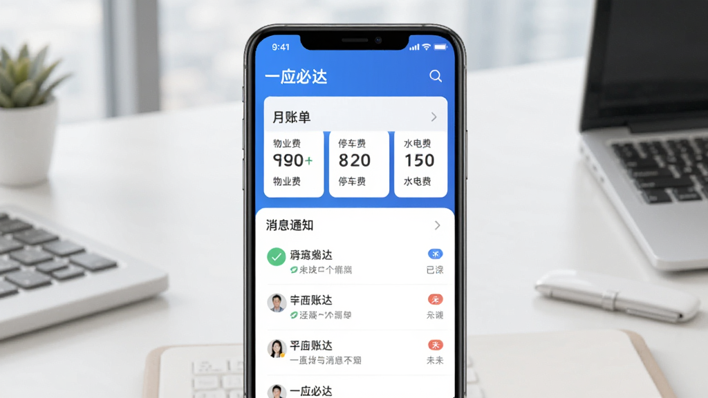 一应必达账单与消息中心界面,手机屏幕上半部分显示月度账单汇总卡片,包含物业费、停车费、水电费三项数字,下半部分是消息通知列表,有已读和未读标记,背景是简洁的办公桌面,风格商务清爽,画质干净,图中文字包含“一应必达”