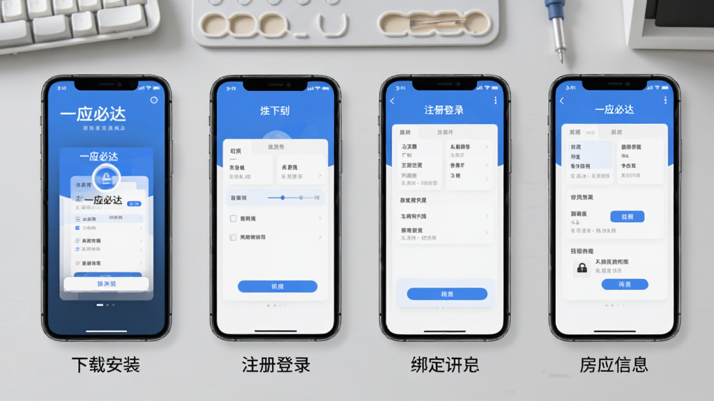 一应必达移动端使用教程示意图,画面中一部手机展示App操作步骤,从下载安装到注册登录再到绑定房间信息,共四个步骤画面并排展示,每个步骤下方有简短文字说明,背景是浅灰色工作台,风格清新简洁,画质干净,图中文字包含“一应必达”