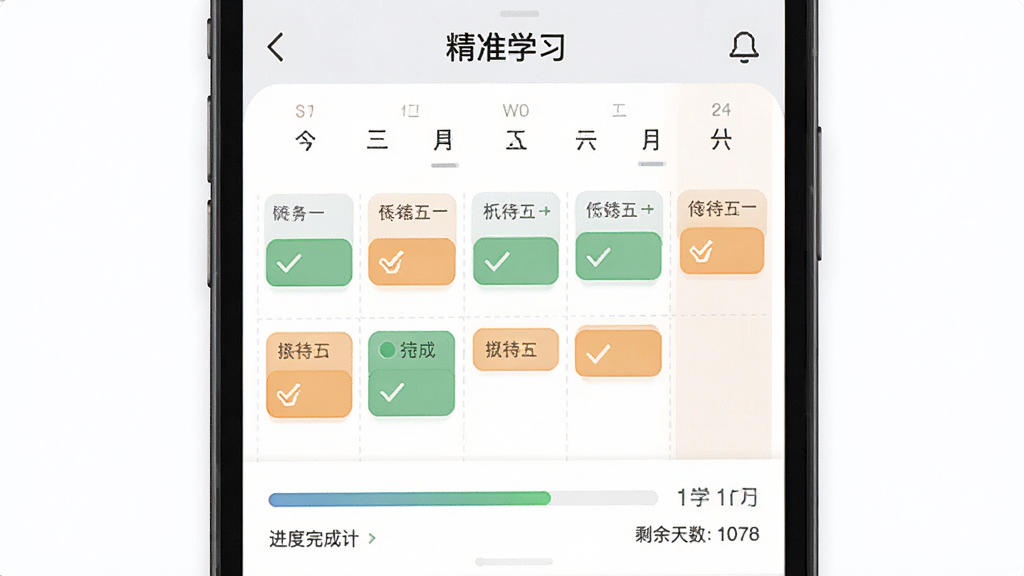 ��׼ѧϰApp��ѧϰ�ƻ�����չʾ���ֻ���Ļ��ʾ����׼ѧϰ��ѧϰ�ƻ�ҳ�棬������ͼ�ϱ�ע��ÿ������������������ɫ�Թ��ͳ�ɫ�����ǣ��·��н�������ʣ��������ʾ�����岼����������ɫ��ͣ���ƽ����Ʒ�񣬻��ʸɾ��޶���Ԫ��