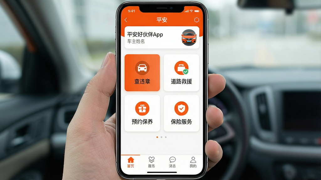 一张手机屏幕展示平安好伙伴App主界面,界面顶部显示车主姓名与爱车头像,中间卡片式排列查违章、道路救援、预约保养、保险服务四个大图标,底部导航栏有首页、服务、消息、我的四个按钮,整体采用平安橙与白色搭配的扁平化设计风格,画面干净整洁,文字标签清晰可见,无多余广告弹窗元素,画质高清,细节圆润。