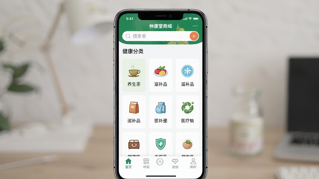 一张展现仲康堂App核心全貌的图片,主体是一个手机屏幕,屏幕内显示着仲康堂商城的首页,页面顶部有搜索框,中间是健康产品分类图标如养生茶、滋补品、医疗器械等,底部是导航栏,布局清晰,排版整齐,风格现代简约,细节精致,画质干净高清,无多余元素