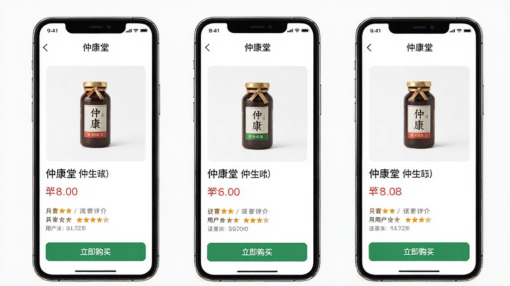 一张展示仲康堂App商品详情页的图片,主体是手机屏幕,屏幕内显示着某款养生品的详情页面,包含产品图片、名称、价格、用户评价和立即购买按钮,布局清晰,排版整齐,风格现代简约,细节精致,画质干净高清,无多余元素,图片中带有