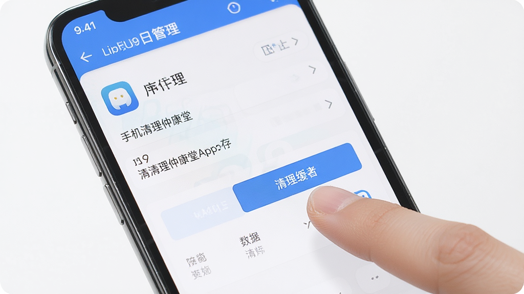 一张展示手机清理仲康堂App缓存步骤的图片,主体是手机屏幕,屏幕内显示着应用管理界面,手指正点击清理缓存按钮,布局清晰,排版整齐,风格现代简约,细节精致,画质干净高清,无多余元素