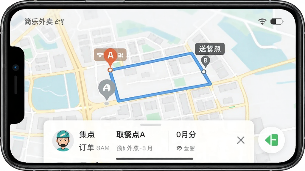 一张手机屏幕截图,展示“乐外卖配送员”App的导航界面,地图上清晰标注了取餐点A和送餐点B的路线,底部有订单详情卡片,画面中有骑手头像的定位图标,风格写实,画质干净