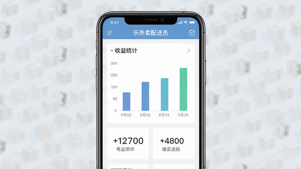 一张手机屏幕界面,展示“乐外卖配送员”App的收益统计页面,页面中有柱状图和数字金额,背景为浅灰色,界面设计简洁,文字清晰,画质干净