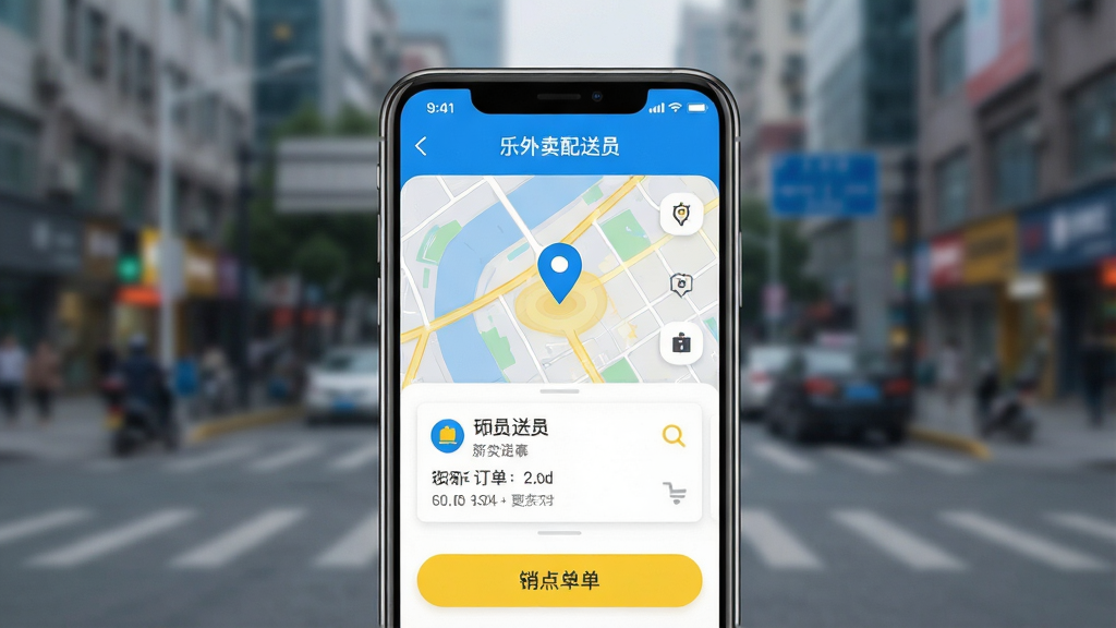 一张手机屏幕特写,画面中央显示“乐外卖配送员”App的主界面,背景是城市街道的模糊虚影,界面包含地图定位点、订单卡片和抢单按钮,整体采用明亮的蓝黄配色,风格简洁现代,细节清晰,画质干净无多余元素