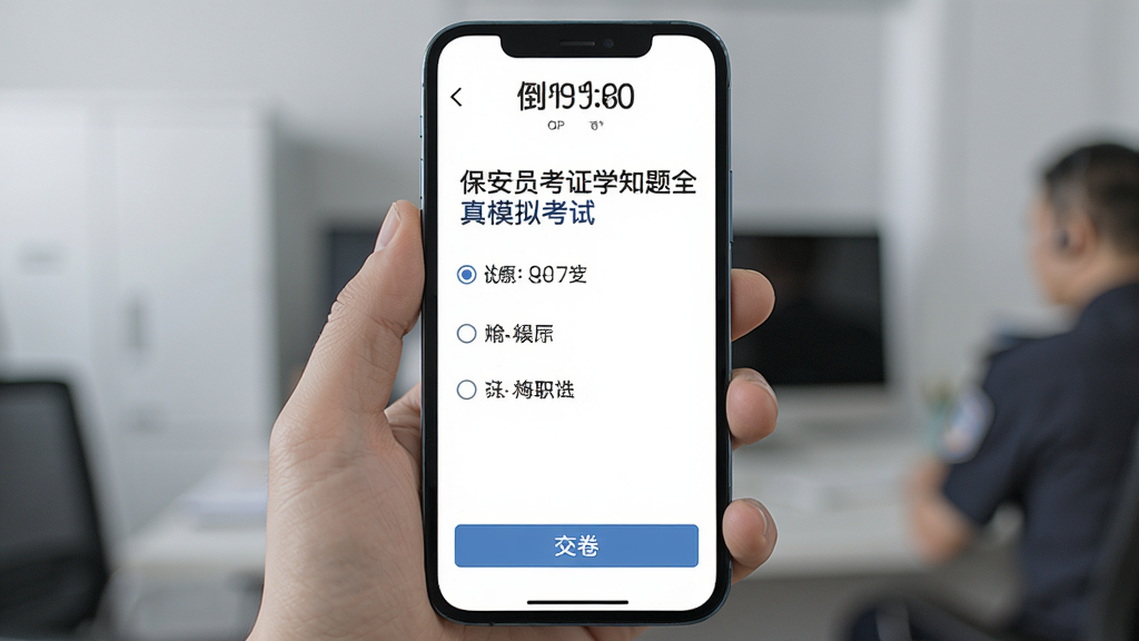 ����Ա��֤ѧ֪��ȫ��ģ�⿼�Խ��棬�ֻ���Ļ��ʾ�Ծ���Ŀ���ĸ�ѡ���Ļ�����е���ʱ�����ײ��С���������ť������Ϊ����ɫ��������������������񣬻��ʸɾ��޶���Ԫ��