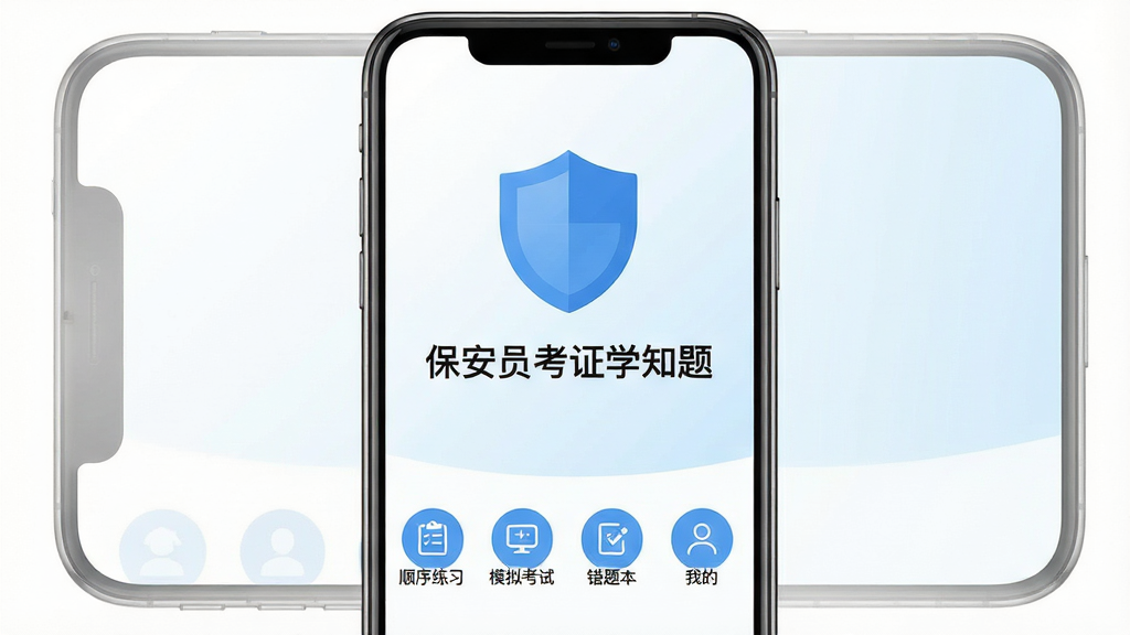 ����Ա��֤ѧ֪��App������չʾ���ֻ���Ļ������ʾ��ɫ����ͼ���롰����Ա��֤ѧ֪�⡱���֣�����Ϊ��ɫ��ǳ��ɫ���䣬��Ļ�·������š�˳����ϰ����ģ�⿼�ԡ������Ȿ�����ҵġ��ĸ�Բ�ΰ�ť������������ˬ����ƽ����ƣ����ʸɾ��޶���Ԫ�أ�������Ⱦ