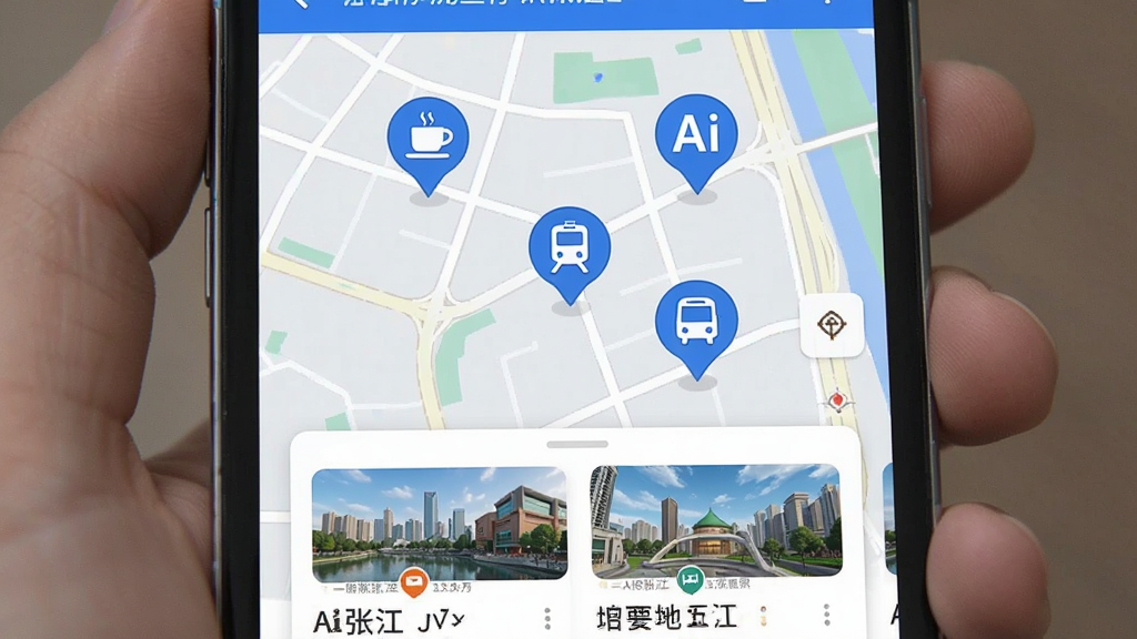 一张展示手机地图界面的图片,地图上标注了“Ai张江”推荐的几个地点图标,包括咖啡杯、地铁标志和公交站牌,界面底部有卡片式地点介绍,整体配色以蓝色和白色为主,风格简洁直观,画质清晰无杂乱元素