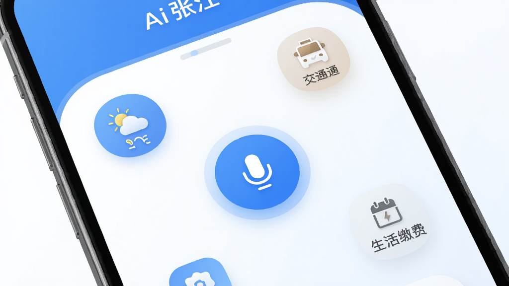 一张展示智能手机屏幕的图片,屏幕中显示一个名为“Ai张江”的蓝色调智能助手应用界面,界面中央有一个圆形的语音输入按钮,周围环绕着天气、交通、生活缴费等快捷功能图标,背景是简约的白色与浅蓝色渐变,风格现代扁平,细节圆润,画质干净,无多余元素