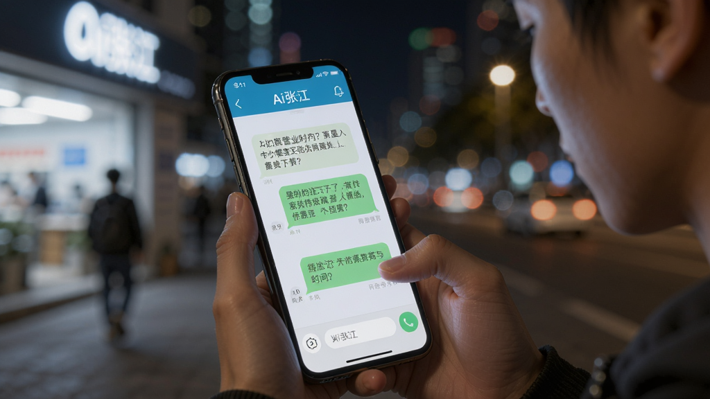 一个年轻人在夜间使用手机,手机屏幕亮着,显示“Ai张江”应用正在用对话气泡形式回答关于附近药店营业时间的问题,背景是城市夜景虚化,主体突出手机屏幕,风格写实明亮,细节清晰,画质干净无多余元素