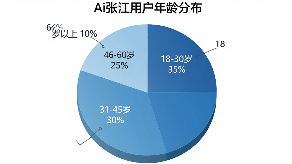 一张饼状图,标题为“Ai张江用户年龄分布”,饼图分为四个扇形区域,分别标注“18-30岁 35%”“31-45岁 30%”“46-60岁 25%”“60岁以上 10%”,配色以蓝色系渐变为主,图表风格干净专业,画质清晰无多余元素