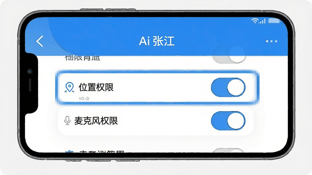 一张手机屏幕截图风格示意图,展示“Ai张江”应用的权限管理界面,高亮标注了“位置权限”和“麦克风权限”的开关状态,界面以白色和蓝色为主,文字清晰,风格简洁干净,画质无多余元素