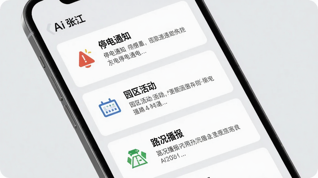 手机屏幕显示“Ai张江”的订阅卡片流界面,卡片内容包括“停电通知”“园区活动”“路况播报”等标题,每张卡片配有简洁的图标和摘要文字,背景为浅灰色,风格干净有序,画质清晰无多余元素