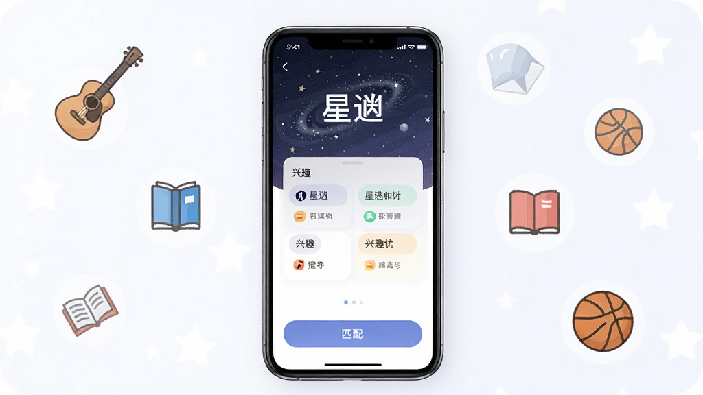 һ��չʾ����App����ȫò��ͼƬ������������һ�������ֻ����ֻ���Ļ��ʾ����App�������棬���涥�����ǿձ����͡����ϡ��������м�����Ȥ��ǩ��Ƭ���ײ���ƥ�䰴ť����Χɢ���Ŵ�����ͬ��Ȥ��ͼ���缪�����鱾���������������¼�Լ�����ʸɾ����޶���Ԫ��