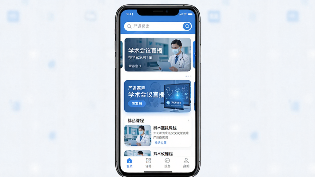 һ��չʾ�ϵ�ҽ��APP���Ľ�����ֻ�����ͼ������Ϊһ�����������ֻ�����Ļ����ʾ�ϵ�ҽ��APP��ҳ�����ֶ���Ϊ���������ֲ�ͼ���в�Ϊѧ������ֱ����Ƭ�;�Ʒ�γ��б����ײ�Ϊ�ײ����������Ű��������������ִ�ҽ��������ɫ��ϸ�ڰ������������ֱ�ǩ��Բ��Ŀ�Ƭ�߽ǣ����ʸ���ɾ��޶���Ԫ��