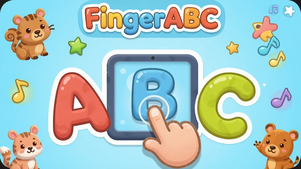 һ��չʾFingerABC�������Ľ����ͼƬ�����������ǿ�ͨ������ĸABC��һ����ָ�����Ļ��ͼ�꣬��Χ�����Ŷ�ͯӢ��ѧϰԪ����С������Ǻ����������岼���������Ϸ���FingerABC�����ֱ�ʶ�����Ϊ���ÿɰ��ı�ƽ���廭��ϸ��Բ�󣬻��ʸɾ��������޶���Ԫ��