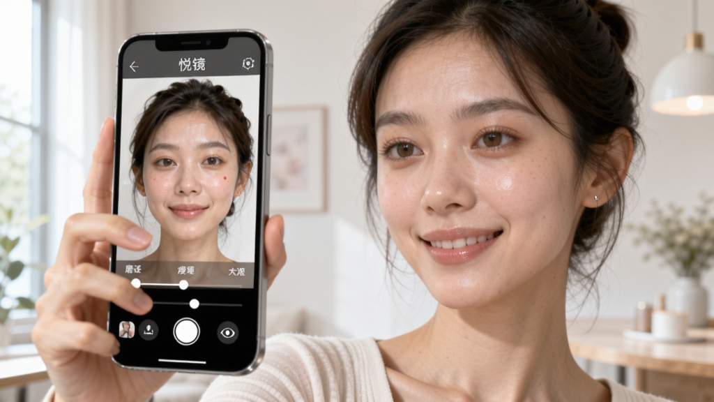 һ��չʾ���þ���App�����������ܵ�ͼƬ��������һλ����Ů�������ֻ����ģ��ֻ���Ļ����ʾ���þ���App������༭���棬��������ĥƤ�����������۵ȵ��ڻ��飬����Ƥ���ʸ���ʵ��Ȼ�����������������ڻ��������������£�����ϸ�壬�޶���Ԫ�ء�