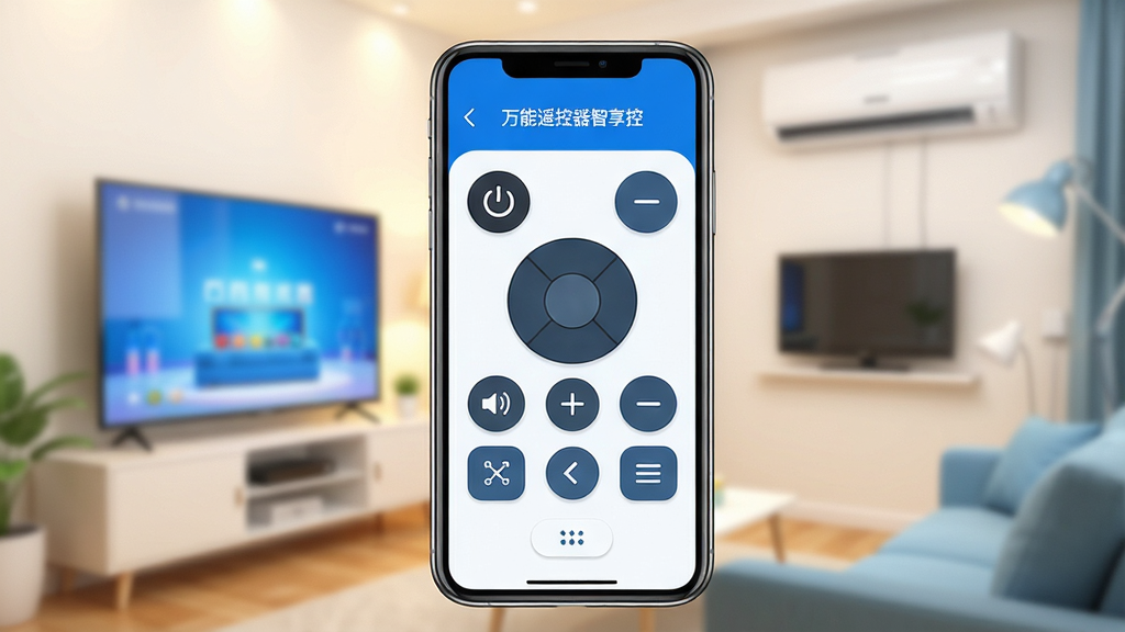 һ��չʾ������ң���������ء��ֻ�App�������ͼƬ������������һ�������ֻ�����Ļ����ʾ������ң�����������֣��е�Դ�������Ӽ���Ƶ���л����˵��Ȱ�ť����������ܰ�Ŀ������������ӺͿյ��ں��黯��ʾ���������ִ���࣬������ɫΪ�������ʸɾ��������޶���Ԫ��