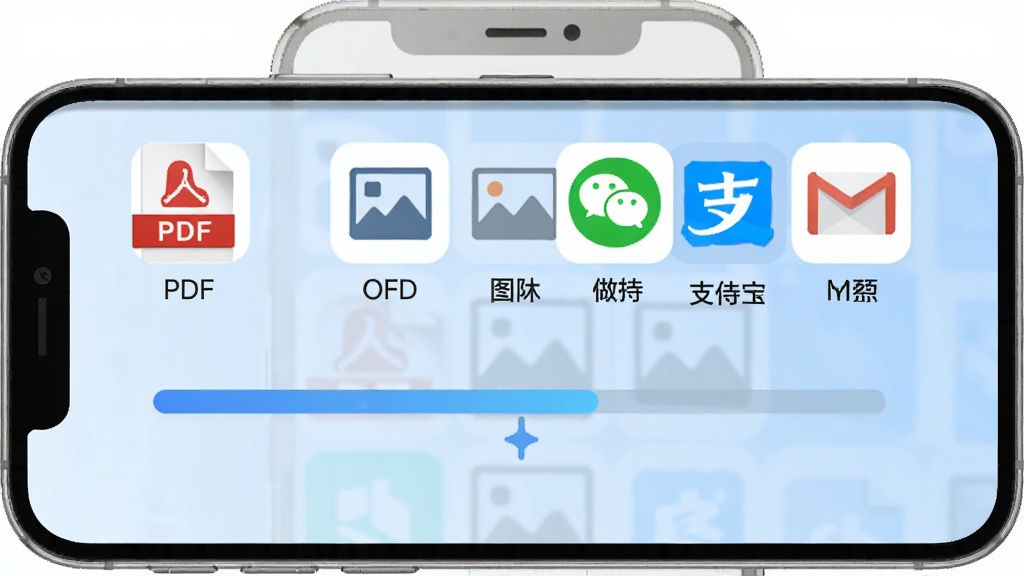 ���ӷ�Ʊ�������ʽ���빦��չʾ���ֻ���Ļ��ʾ������Դͼ�����У�����PDF��OFD��ͼƬ��΢�š�֧���������䣬ÿ��ͼ���·��ж�Ӧ���ֱ�ǩ���м��е��������������Ϊǳ��ɫ���䣬��ƽ����񣬻��������ɾ����޶���Ԫ��