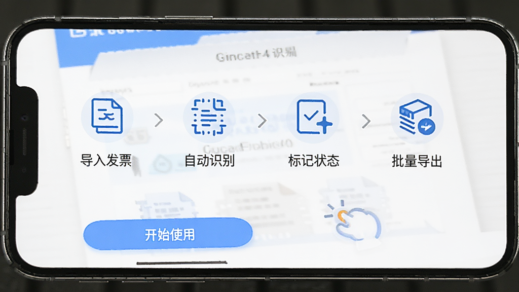 ���ӷ�Ʊ�������ֲ����������棬�ֻ���Ļ��ʾ�Ĳ�����ͼʾ���ֱ��ǵ��뷢Ʊ���Զ�ʶ�𡢱��״̬������������ÿһ����ͼ��ͼ������˵�����ײ��п�ʼʹ�ð�ť�����������¼�࣬������ɫ�����ʸɾ��������޶���Ԫ��
